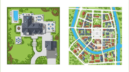 Obraz premium aerial view of a large house and a neighborhood plan