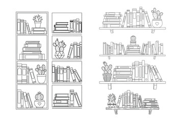 Naklejka premium Book shelves with plants line illustration collection isolated on white
