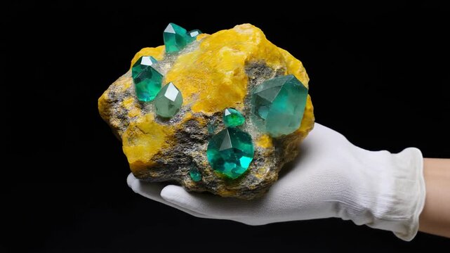 A gloved hand displays a geode with lustrous, emerald-colored crystals emerging from a rock-like formation against a black backdrop