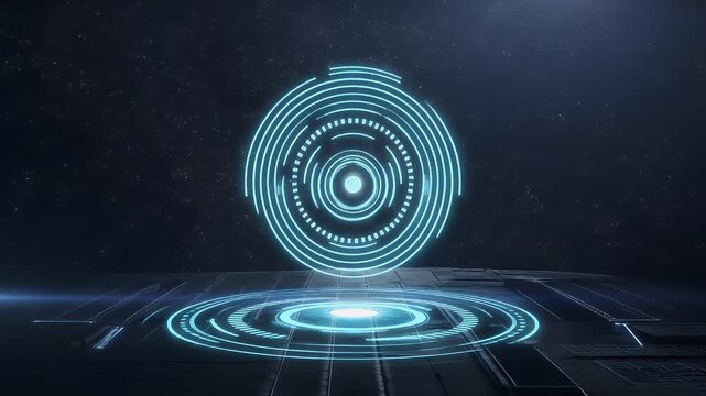 A glowing, circular digital interface hovers above a futuristic platform in a starry night sky. The platform features concentric circle designs