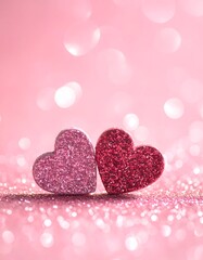 Obraz premium Two sparkling hearts in pink shimmer, symbolizing love against a soft, bokeh background of glimmering light