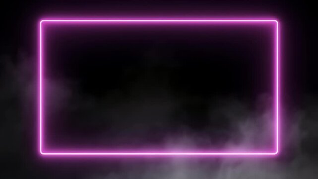 A glowing neon pink rectangle frames a dark, smoky backdrop, creating a vibrant contrast. Soft vaporous clouds add depth