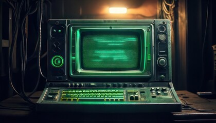 Fototapeta premium Retro Computer Terminal with Green Screen and Keyboard.