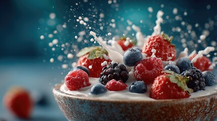 Fresh berries splashing in cream, creating a vibrant, dynamic scene.