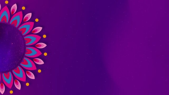 Animation of Flower Rangoli Mandala rotating, traditional India decorative frame Design for wedding, Diwali. Indian festival of lights holiday celebration, video looping, wavy purple background 