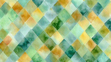 Abstract watercolor design featuring green and yellow tiles in diamond pattern for decoration