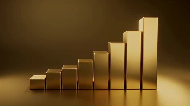 A golden, rising bar graph, with a blurred background, sits on a reflective surface. The light source is at the bottom