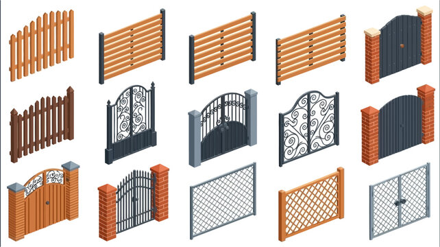 Isometric collection of various garden fences and decorative gates in different styles