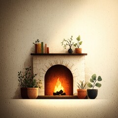 Cozy fireplace adorned with plants and books in warm tones.