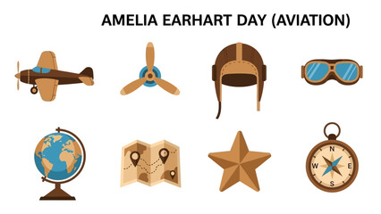 Graphic icons related to Amelia Earhart Day and aviation including an airplane propeller helmet goggles globe map star and compass © Agung