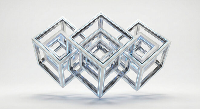 Abstract hypercube sculpture made of polished chrome and white ceramic with blue neon lines