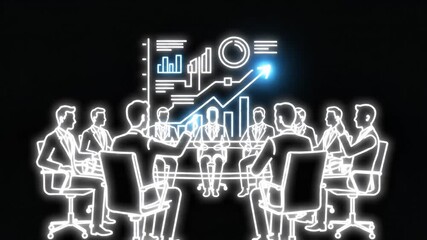 Neon outined business meeting with charts and team planning. - Powered by Adobe