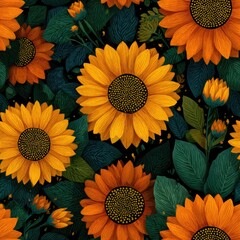Vibrant sunflower pattern with intricate leaves and dark background.
