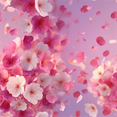Floral background with pink cherry blossoms and petals in motion.