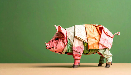 National Pig Day Origami Pig Made of Recycled Paper and Fabric Eco Friendly Concept Creative Animal Illustration on Green Background