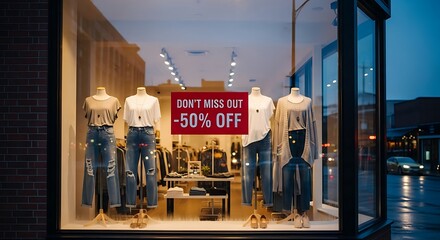 Fashion Store Window Display Featuring a 50 Off Sale Sign.