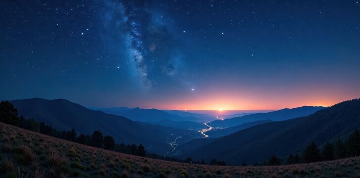 A dark sky with numerous twinkling stars above a vast landscape of rolling hills and trees, cosmos, nature