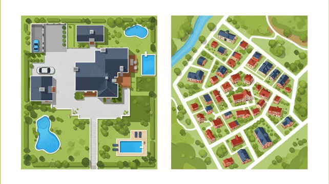 aerial view of a large house and a neighborhood