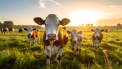 Brown and white cows graze in a sunlit pasture, lush green grass filling the foreground under a bright, warm sky