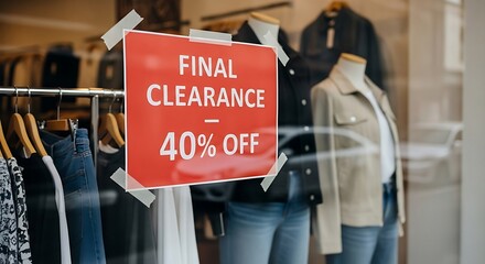 Final Clearance Sale 40 Percent Off Sign in Clothing Store Window Display.