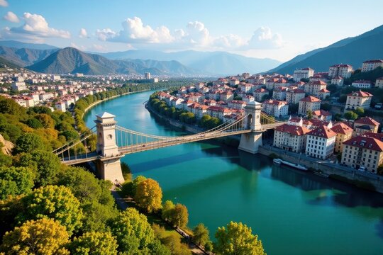 Aerial view of Tbilisi's historic center with the Peace Bridge spanning the Mtkvari River, geography, cityscape