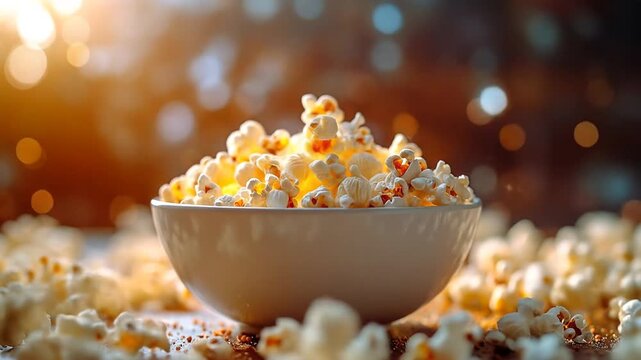 Popcorn bowl with flying kernels and cinematic lighting effect