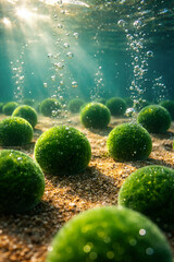 The bright, emerald spheres of the etagropila, perfectly shaped against the sandy soil, rise to the surface in sunlight, filled with oxygen bubbles.