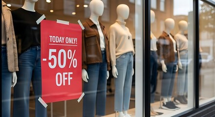 Mannequins in a store window display showcasing a 50 off sale sign.