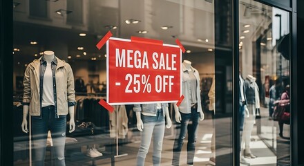 Mega Sale 25 Percent Off Sign in Store Window Display.