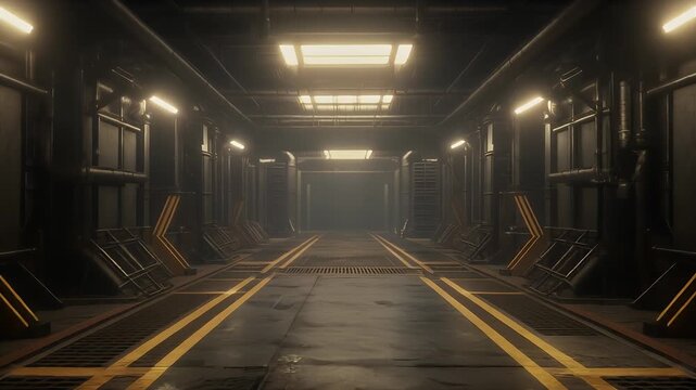 A long industrial corridor with overhead lights. The dark space has many pipes and metal structures, and two bright yellow lines are on the floor
