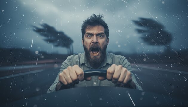 Man looking terrified and screaming while gripping the steering wheel, driving a car through a severe rainstorm with strong wind, symbolizing a challenging or fearful driving experience