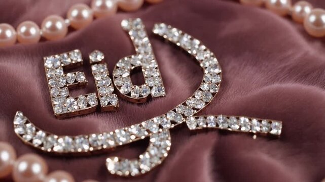 Pearl and Diamond Ornaments. Islamic Culture &ndash; Eid Mubarak. The "Eid Mubarak" script outlined and decorated with sparkling white diamonds and delicate pearls against a plush, muted rose background.
