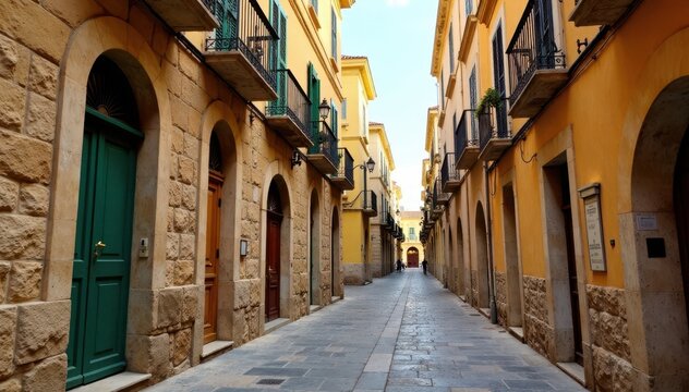 Ancient stone buildings and narrow streets in Naples historic center, rome, old town