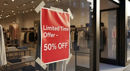 Red Sign Announcing Limited Time Offer 50 Off in Store Window.