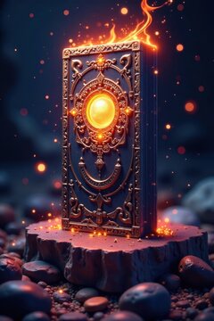 Ancient tome with glowing aura, surrounded by mystical symbols on dark background , glowing, aura