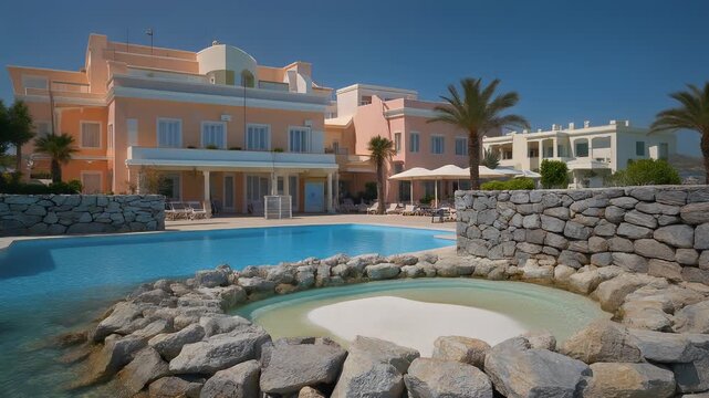 A luxurious resort displays a large swimming pool and a smaller, tranquil pool.  Stone walls and tropical vegetation frame the architecture under a clear blue sky