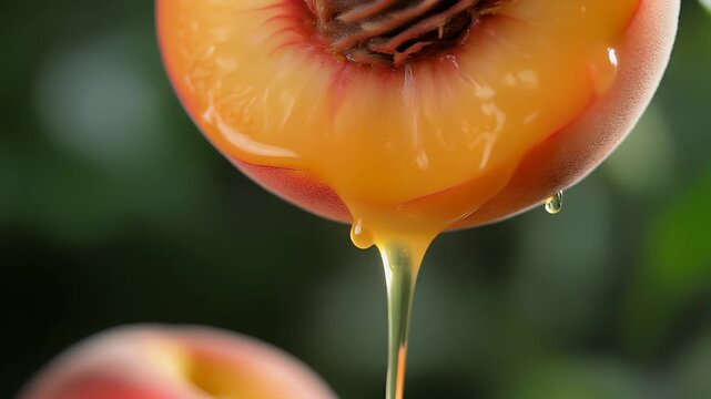 A macro shot displays a half peach with juice dripping down. The fruit's vibrant orange and pink hues contrast with the blurry, green background. A clear drop hangs at the bottom