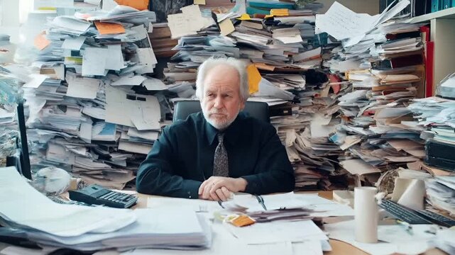 Tax return season. A cluttered office scene with a man seated at a desk surrounded by stacks of papers and documents. The man is wearing a black shirt and tie.