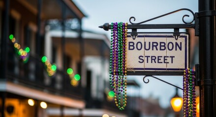 Naklejka premium Iconic Bourbon Street sign adorned with vibrant Mardi Gras beads in New Orleans, capturing the festive celebration concept with glowing bokeh lights
