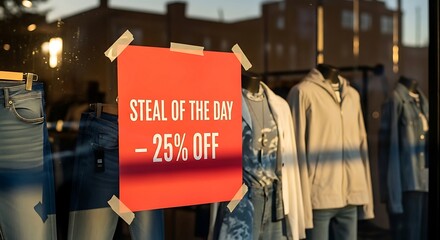 Steal of the Day 25 Off Sale Sign in Store Window Display.