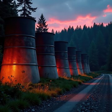 A row of barreled nuclear waste stacks against a dark forest background at dusk, nuclear waste, darkness