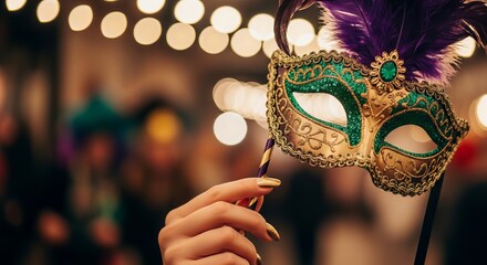 An elegant hand is holding a vibrant Mardi Gras mask adorned with feathers, against a backdrop of festive bokeh lights, creating a mysterious celebration concept