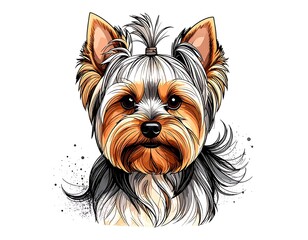 Cartoon illustration of a long-haired dog with a ponytail, and black and brown coloring against a white background