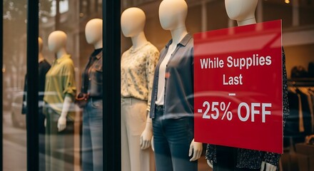 Clothing store window display with mannequins and sale sign.