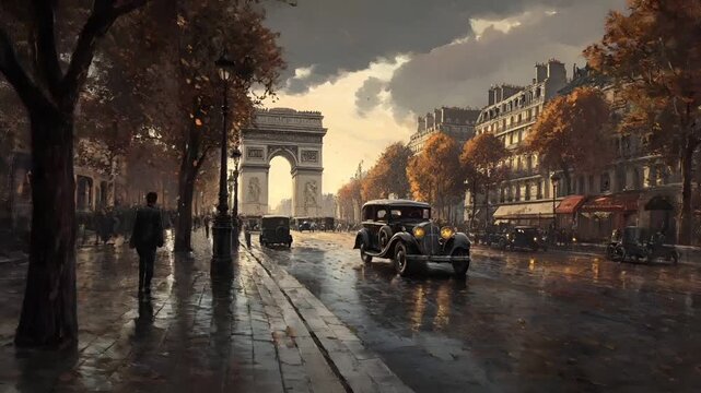 Paris, France, Europe. A detailed digital painting of a Parisian street scene during autumn. The style is reminiscent of classical European architecture.