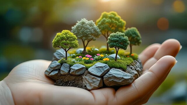 A miniature world featuring tiny trees, flowers, and greenery is held in a human hand, creating a surreal and dreamlike scene. The background is blurred