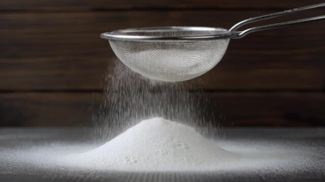 powder being sifted from a metal sieve on wooden table.