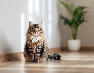 Beautiful long haired tabby cat sitting on light wooden floor in sunlit room with indoor plant in background looking directly at camera with curious expression and majestic presence