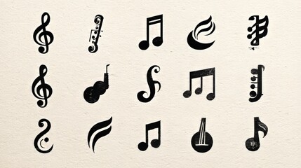 A set of musical note icons, waves, clefs, instruments, and buttons forming a music-themed graphic collection. 