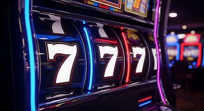 Jackpot Three Sevens on a Slot Machine in a Casino.